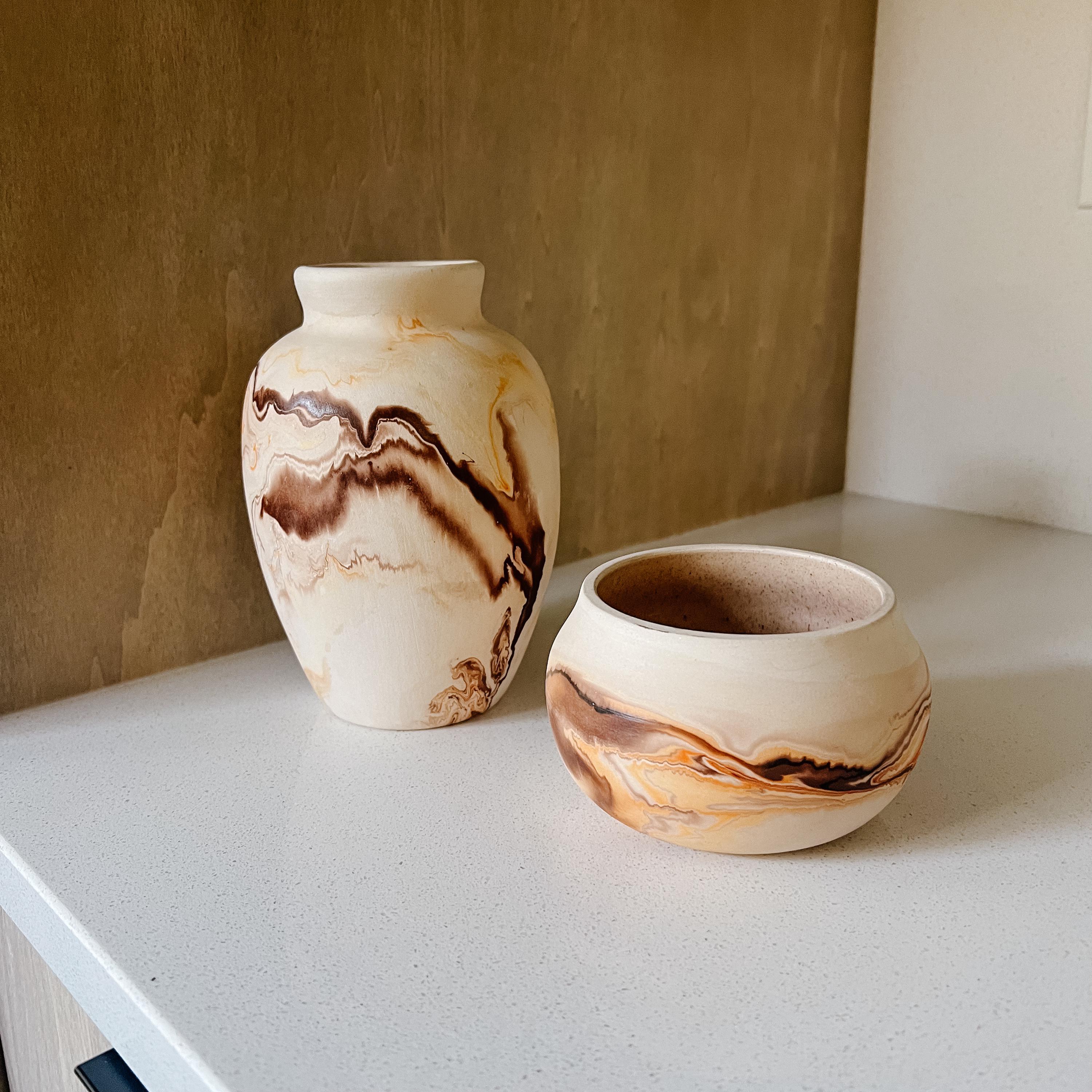 Vintage Nemadji Pottery Set of Vases Orange Brown Marbled Pottery