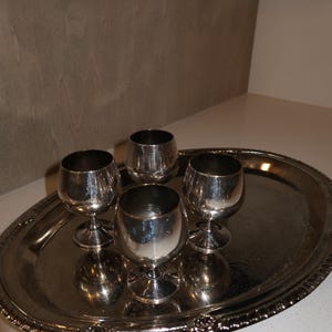 Vintage Silver Metal Stem Cordial Glasses, Sheridan Silverplate Cordial Goblets, Mini Stemmed Shot Glass Set, Silver Metal Barware, Goblet