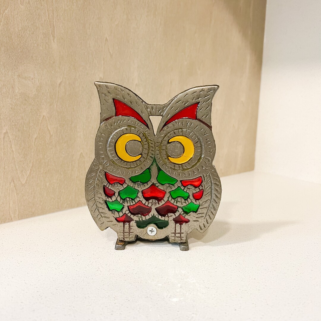 Vintage Stained Glass Owl Candle Holder 1970s 1980s Cast Iron Etsy