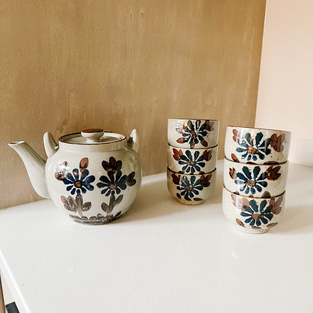 Vintage Japanese Stoneware Tea Set With 1 Teapot and 6 Teacups, Speckle