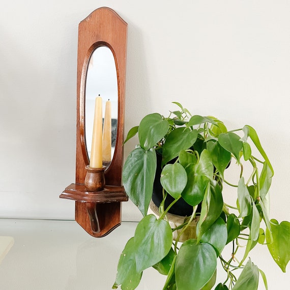Vintage Wooden Mirror Wall Sconce Mid Century Wood Wall Etsy