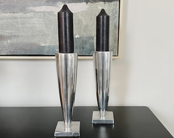 Pair of Modernist Polished Aluminum Candlesticks, Michael Graves, Conical Shape Candlestick Holders, Minimalstic Silver Candle Holder, Uniqu