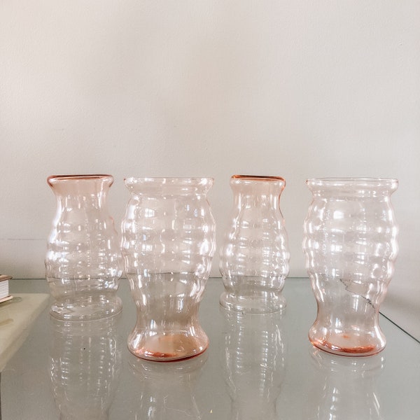 Vintage Pink Bubble Glass Cups (4), Light Green Pink Drinking Glasses, Retro Green Bubble Glasses, Vintage Glass Ribbed