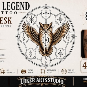 May include: A digital design for a tattoo featuring a detailed owl with outstretched wings, surrounded by geometric shapes and symbols. The text "DEEP LEGEND TATTOO" and "EMIHESK THE PASSAGE KEEPER" are displayed at the top. Includes 4 high-resolution designs.