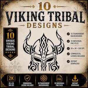 May include: A digital design featuring the text "10 Viking Tribal Designs" with a black and white Viking helmet illustration. Includes 10 transparent backgrounds, PNG files, and a commercial license. Instant download.