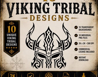 May include: A digital design featuring the text "10 Viking Tribal Designs" with a black and white Viking helmet illustration. Includes 10 transparent backgrounds, PNG files, and a commercial license. Instant download.