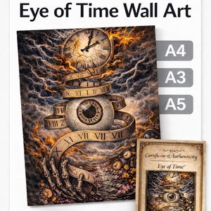 May include: Digital download wall art titled "Eye of Time." The artwork features a surreal design with a clock, an eye, and a skeletal hand. Includes a certificate of authenticity. Available in A4, A3, and A5 sizes.