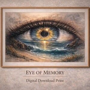 May include: A framed art print showing an eye with a seascape within. The iris is golden yellow, and the pupil reflects a beach and ocean scene. The artwork is titled "Eye of Memory" and is a digital download print.