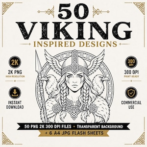 Peut inclure: Illustration en noir et blanc avec le texte "50 Viking Inspired Designs". L'image centrale est une femme avec un casque viking, flanquée de corbeaux et tenant une lance. Le texte supplémentaire indique haute résolution, téléchargement instantané et usage commercial.