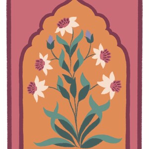 May include: A decorative rug with a floral design. The rug has a pink border and a tan center with a stylized floral pattern in shades of white, green, and purple.