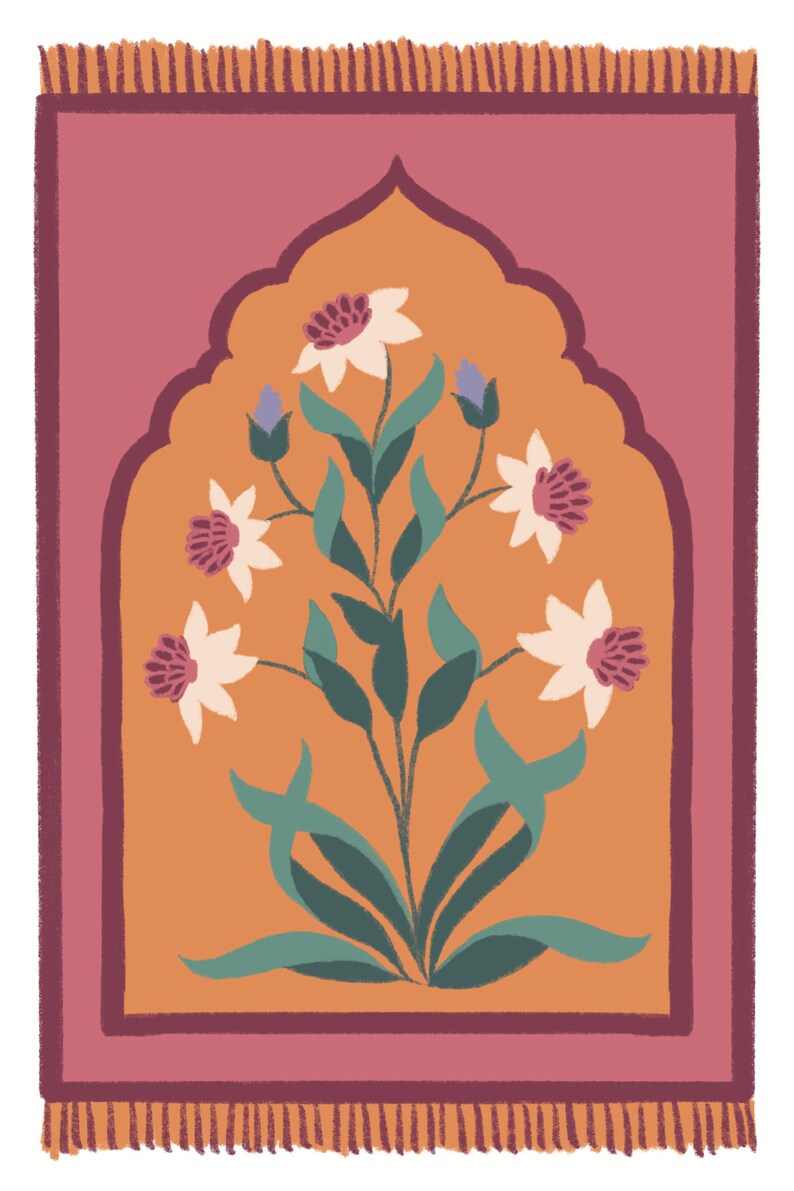 May include: A decorative rug with a floral design. The rug has a pink border and a tan center with a stylized floral pattern in shades of white, green, and purple.