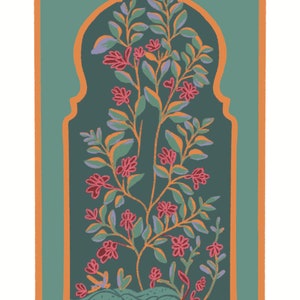 May include: A teal green prayer rug with a floral design in shades of pink, orange, and green. The rug has a decorative archway with a floral pattern and a fringe border.