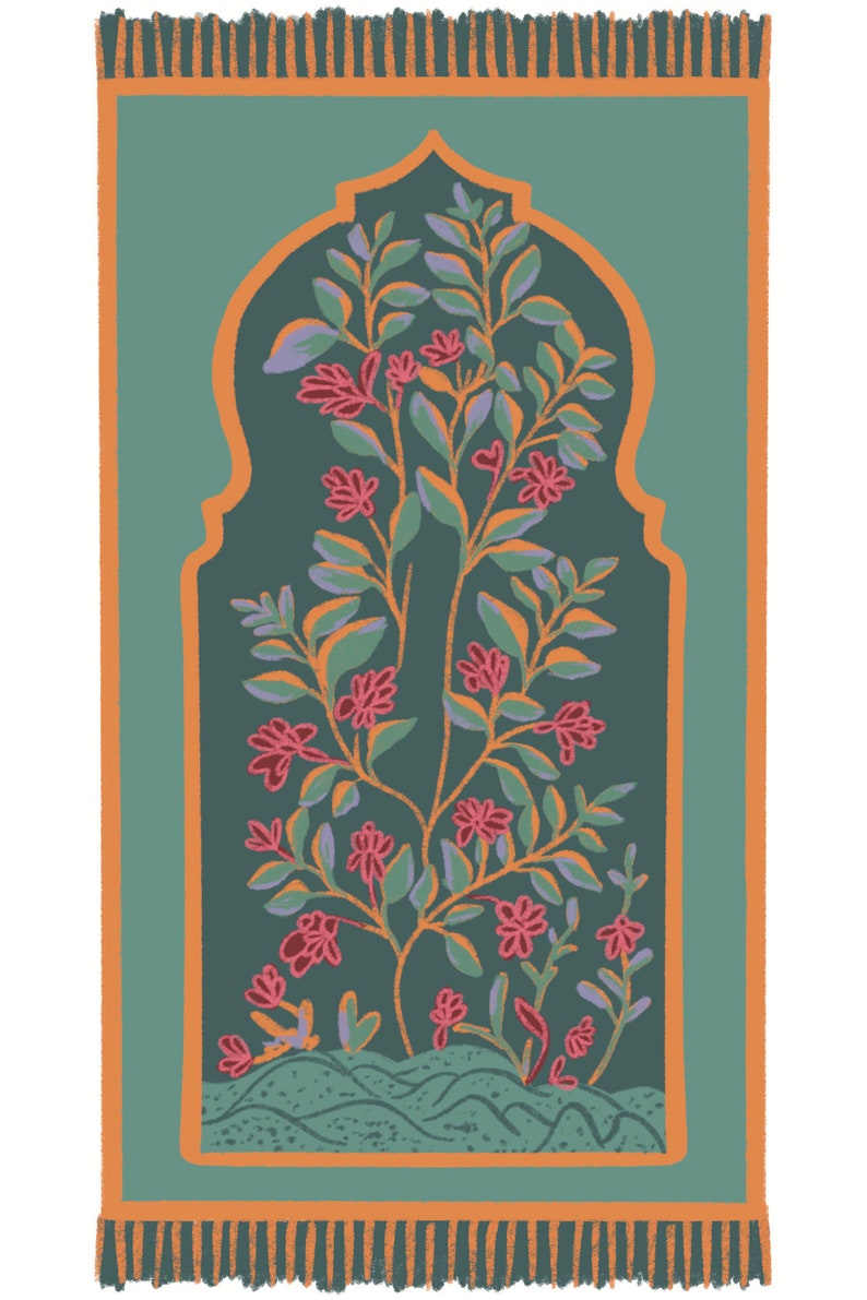 May include: A teal green prayer rug with a floral design in shades of pink, orange, and green. The rug has a decorative archway with a floral pattern and a fringe border.