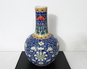 13-3/8" Tall Chinese Bats & Lotus Design Navy Blue Bulb Shape Porcelain Chinoiserie Famille Ceramics Vase. Marked. Home Interior Decor.