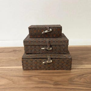 Vintage Set of 3 Small Chinese Silk Brocade Boxes - Oriental Jewelry Gift Box Set with Toggle Closure