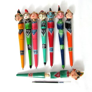 Set of 8 Hand Carved Indonesian Puppet Pens: Jeweled Head Dress, Painted Wood