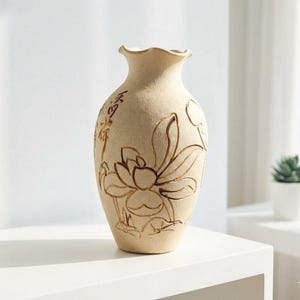 May include: A beige ceramic vase with a textured, matte finish featuring a scalloped rim. The exterior is decorated with dark brown etched line art depicting a blooming lotus flower and stylized Chinese calligraphy characters on the side.