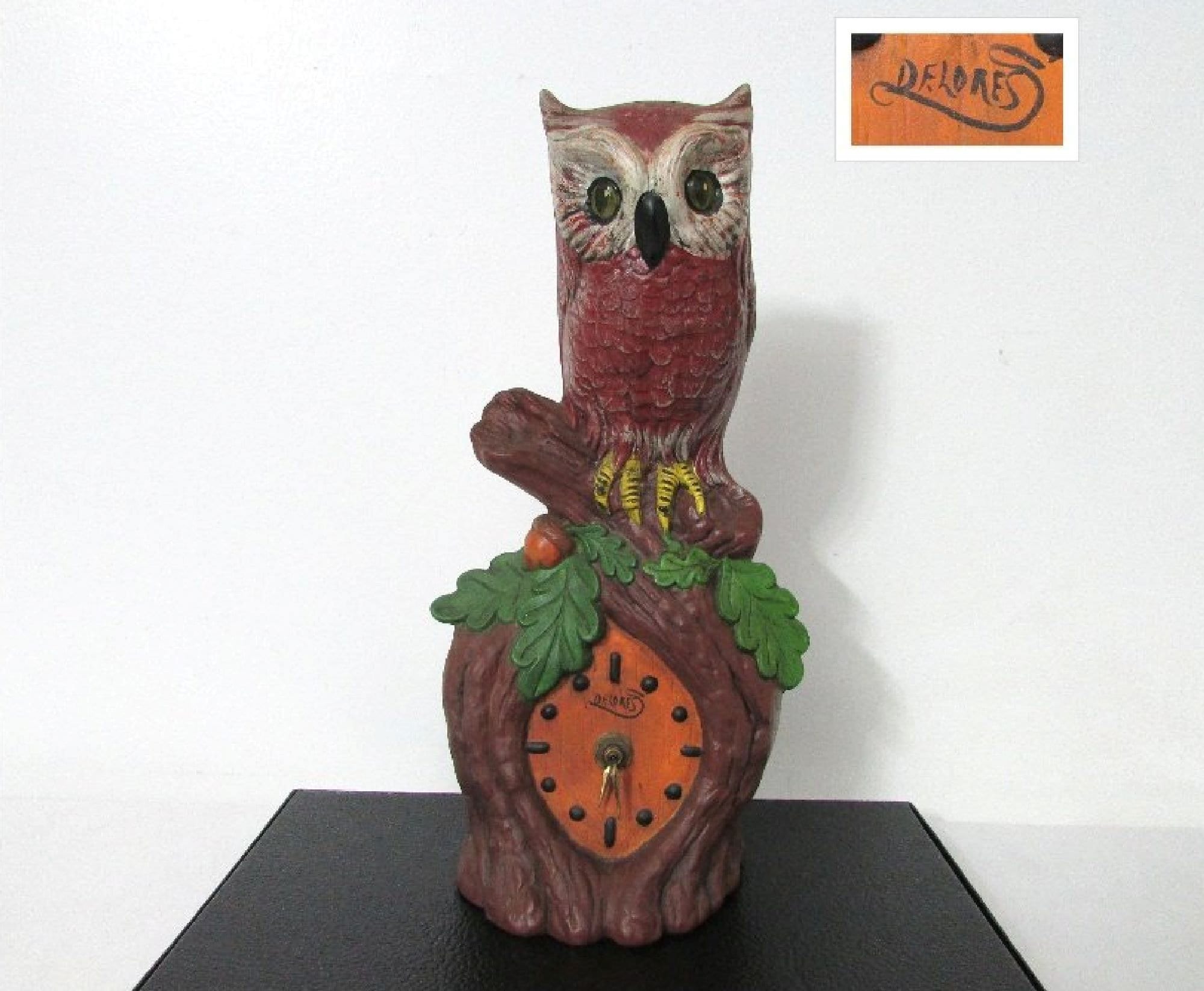 Marked Hand Painted Ceramic Owl Table Clock. Still Working. House Furnishing Interior Mantle Decor, 