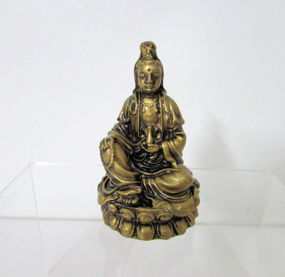 Chinese Kuan Yin goddess of Mercy Gold Resin Statue, Feng Shui, Good