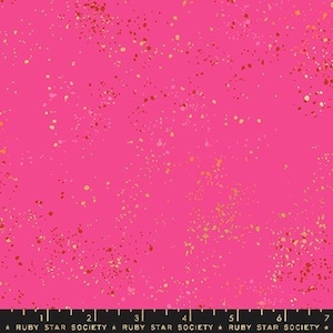 May include: Pink fabric with a scattered gold and red glitter pattern.  The fabric has a subtle texture and a slightly iridescent sheen.
