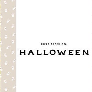 Pu&ograve; includere: Una collezione di 12 carte con motivi a tema Halloween con gatti neri, scheletri, fantasmi, zucche e stelle. Le carte sono disposte in fila con il testo "Ripple Paper Co. HALLOWEEN" al centro.