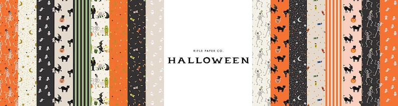 Pu&ograve; includere: Una collezione di 12 carte con motivi a tema Halloween con gatti neri, scheletri, fantasmi, zucche e stelle. Le carte sono disposte in fila con il testo "Ripple Paper Co. HALLOWEEN" al centro.