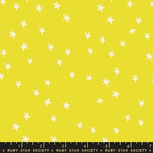 May include: A yellow fabric with a white star pattern. The fabric is printed with the text "RUBY STAR SOCIETY" repeated across the bottom.