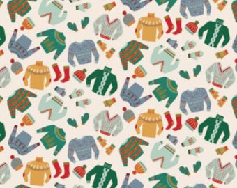 May include: A repeating pattern of winter clothing items on a cream background. The pattern includes sweaters, hats, mittens, and socks in various colors such as green, blue, red, and yellow. The sweaters have different designs, including stripes and geometric patterns.
