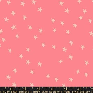 May include: Pink fabric with a pattern of off-white stars. The stars are scattered across the surface. The text "RUBY STAR SOCIETY" is printed at the bottom.