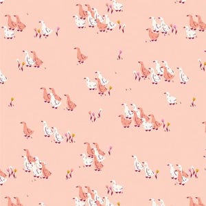 May include: A seamless pattern featuring pink and white ducks on a light pink background. The ducks are arranged in groups of two to five, facing different directions. The pattern is perfect for fabric, wallpaper, or other decorative applications.
