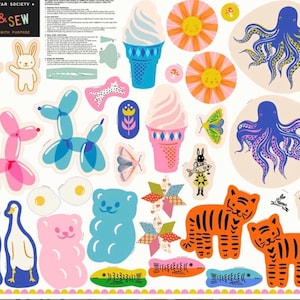 May include: A fabric panel featuring colorful, whimsical illustrations. Designs include ice cream cones, octopuses, tigers, and balloon animals. The panel also includes the text "CUT & SEW PROJECTS WITH PURPOSE" and images of bunnies.