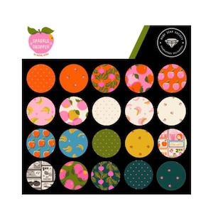 May include: A collection of twenty circular fabric swatches arranged in a grid on a black background. The patterns include various fruit motifs like apples, bananas, and radishes, alongside polka dots and grocery store themed prints in vibrant colours.