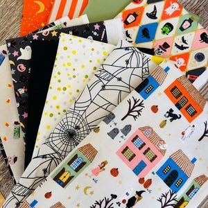 Witches house day 11 fat quarter Metallic - skeleton - pumpkin - RJR pure solids sweet n spooky ghost cobweb halloween Rifle paper co