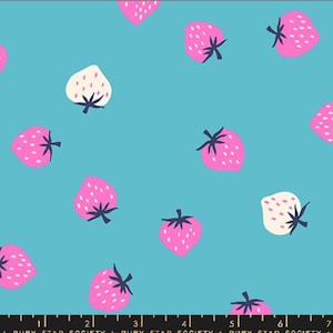 May include: A fabric with a turquoise background featuring a pattern of pink and white strawberries. The strawberries have black stems and seeds. The text "RUBY STAR SOCIETY" is at the bottom.