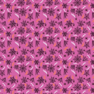 May include: A repeating pattern on a pink background featuring black spiderwebs, spiders, and white and orange leaf-like designs. The spiderwebs are in various sizes and orientations, creating a Halloween or spooky theme.