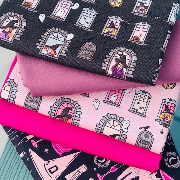 Witch works - AGF spooky n sweet - Spooky schoolhouse | 5 Fat quarters fabrics | Pure solids | spooky witchy - witches wardrobe