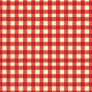 以下が含まれることがあります： 赤と白のチェック柄。パターンは、クラシックなギンガムチェックのデザインです。