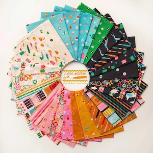 May include: A circular arrangement of assorted fabric swatches featuring various colorful patterns, including geometric shapes, sewing tools, and floral motifs. A central white label displays the text 1-800-NOTION COLLABORATIVE COLLECTION.