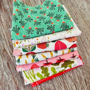 Peut inclure: Une pile de carrés de tissu colorés avec divers motifs. Le tissu supérieur est vert avec un motif répété de plantes vertes avec des accents rouges. D'autres tissus présentent des motifs floraux, de fruits et de légumes en rose, blanc et rouge.