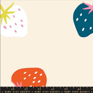 May include: Fabric with a cream background and colorful strawberry illustrations. The strawberries are white, orange, and teal, each with green or pink accents. The text "RUBY STAR SOCIETY" is printed at the bottom.