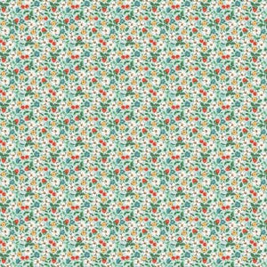 May include: A repeating pattern of small flowers and berries on a light blue background. The design features red strawberries, yellow and white flowers, and green leaves, creating a delicate, floral print.