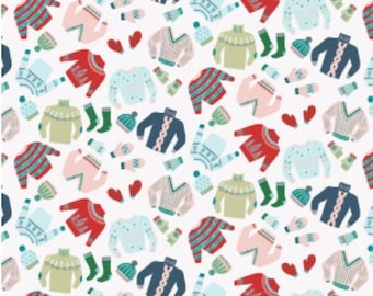 May include: A repeating pattern of winter clothing items on a white background. The design includes sweaters, mittens, hats, socks, and hearts in shades of red, blue, green, and pink.
