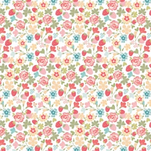 May include: A repeating pattern of flowers and strawberries on a white background. The design features pink roses, red strawberries, and various other flowers in shades of blue, yellow, and green. The overall aesthetic is delicate and floral.
