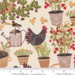 May include: Fabric with a garden theme featuring a rooster, chicks, tomato plants, and other plants in pots. A watering can and other garden elements are also present. The color palette includes cream, brown, red, and green.