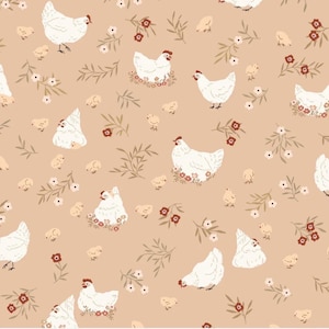May include: A light tan fabric featuring a repeating pattern of white chickens with red combs, small yellow chicks, and delicate floral sprigs with dark red and white blossoms, arranged in a scattered, non-directional layout across the surface.