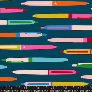 May include: A fabric pattern featuring colorful pens in various shades of pink, orange, yellow, blue, and green against a dark teal background. Some pens have star details. The text "RUBY STAR SOCIETY" is at the bottom.