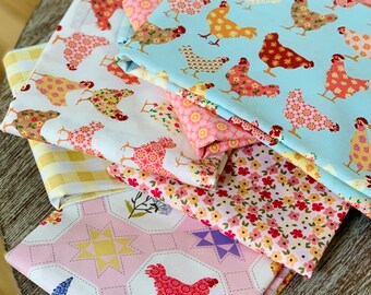 Cheeky chickens and more  | 7 fat quarter bundle | Prairie sister homestead | strawberry | plaid  | Poppie cotton