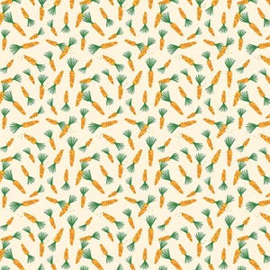 May include: A seamless pattern featuring a repeating design of orange carrots with green leafy tops on a pale yellow background.