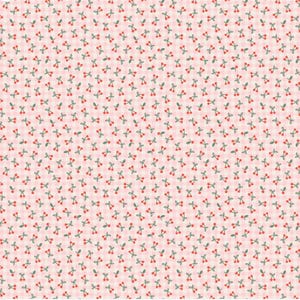 Puede incluir: Un patrón repetido de pequeñas cerezas rojas con tallos y hojas verdes dispersas sobre un fondo rosa claro con finas rayas horizontales rosas claras. Las cerezas están espaciadas uniformemente, creando un diseño delicado y encantador.