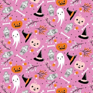 May include: A seamless pattern featuring a variety of Halloween-themed illustrations on a pink background. The pattern includes ghosts, pumpkins, witch hats, bones, and candy corn.